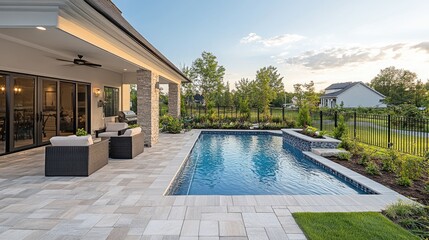 Inviting backyard oasis featuring a sparkling swimming pool and patio area perfect for relaxing