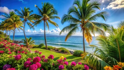 Serene oceanfront with swaying palm trees and a calm sea in the background, surrounded by lush greenery and vibrant tropical flowers , serene landscape, ocean