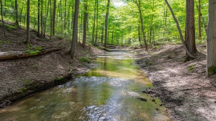 Obraz premium Serene stream flows through a lush green forest