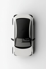 A white car with black trim. The car is parked on a white surface. The car has a black roof