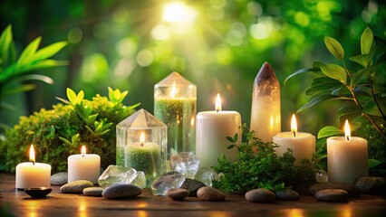 Soothing crystal energy flowing through greenery and candles, calming atmosphere
