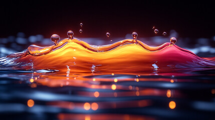 A dynamic splash of vibrant paint creating a wave of droplets on a dark background, with minimalistic modern design and empty caption space on the side for your text or message

