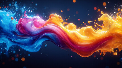 A dynamic splash of vibrant paint creating a wave of droplets on a dark background, with minimalistic modern design and empty caption space on the side for your text or message

