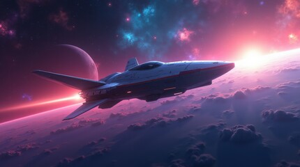 Fototapeta premium Colorful digital illustration of a futuristic spacecraft traveling