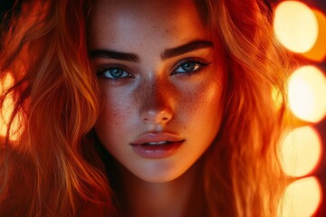 Fototapeta premium Portrait of a young woman with vibrant red hair and striking blue eyes against a blurred warm background
