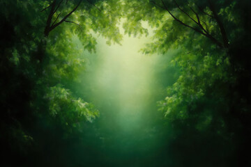 Obraz premium Lush green forest with soft light filtering through the trees at dawn