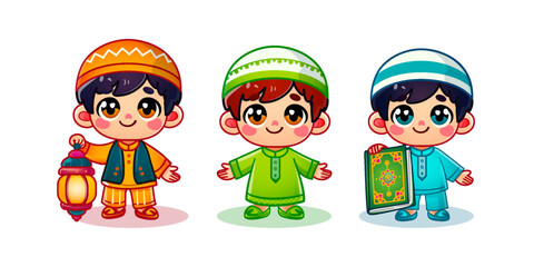 Illustration of a cute Islamic style boy character with a cap carrying a lantern, and an Al Koran collection set