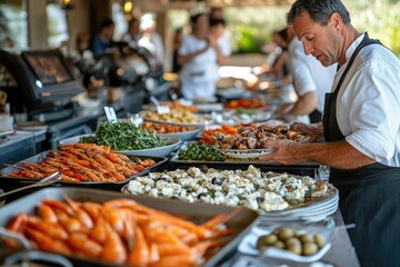 Obraz premium Chef arranging dishes on buffet table for a luxurious event