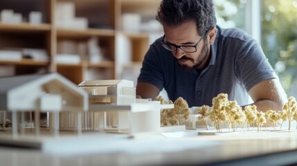 A detailed view of an architect examining architectural models in an office, Architectural design scene, Conceptual planning style