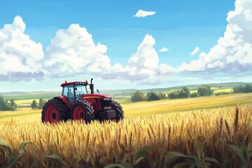 Fototapeta premium A vibrant scene of a red tractor working in a golden wheat field under a bright blue sky, capturing the essence of rural agriculture and productivity.