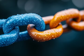 Colorful chains interlocked with water droplets glistening in soft natural light