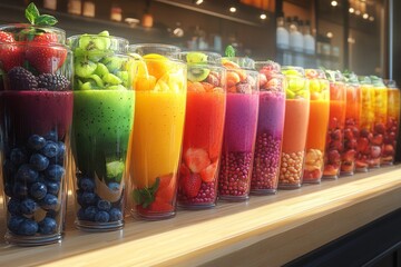 Vibrant Smoothie Bar Illustration with Colorful Fruits, Vegetables, and Ingredients Displayed at Counter