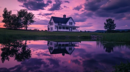 Fototapeta premium A large white house with a porch sits on a large property. The house is surrounded by a pond and trees. The sky is a deep purple color, creating a moody atmosphere