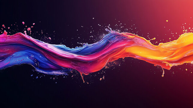 A dynamic splash of vibrant paint creating a wave of droplets on a dark background, with minimalistic modern design and empty caption space on the side for your text or message

