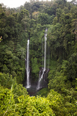 big beautiful waterfall in bali among greenery in jungle on summer day as background for travel