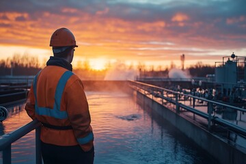 Water treatment plant worker monitoring water quality at sunset