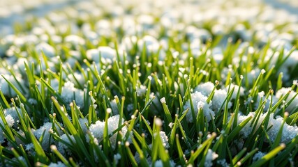 Fototapeta premium First Snow on Fresh Green Grass - Stunning Winter Scene