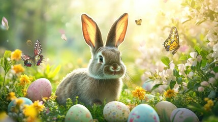 Easter Bunny Amidst Spring Flowers and Eggs