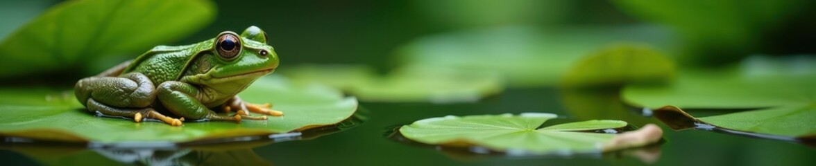 Naklejka premium Green frog rests on a water lily, surrounded by pond weeds , brown, color, peaceful