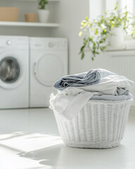 White wicker laundry basket with fresh clothes in bright laundry room