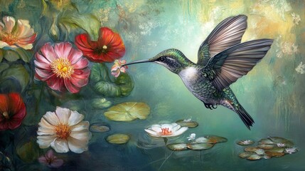Hummingbird in a Garden Oasis: A Vibrant Floral Painting