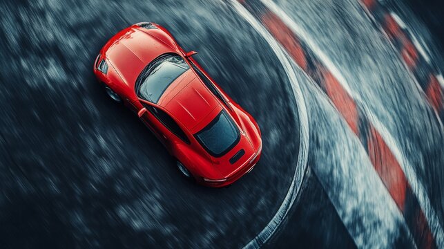 Red Sports Car Drifting on Asphalt Track Aerial View