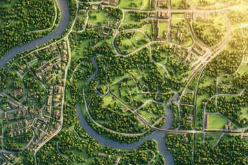 Obraz premium Scenic aerial view shows a lush green landscape with winding rivers and quaint neighborhoods under bright sunlight