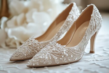 Obraz premium Elegant beige high heel wedding shoes with floral embroidery resting on delicate white fabric