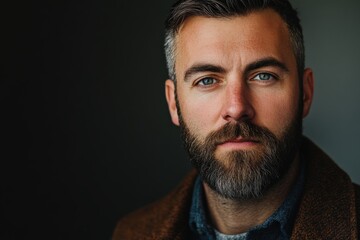 Fototapeta premium Close-Up Portrait of a Thoughtful Man with a Beard and Intense Blue Eyes