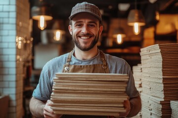 Smiling carpenter holding wooden planks in workshop