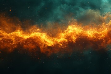 Dynamic orange flames swirl through a cosmic backdrop filled with dark blues and greens, creating an immersive visual experience