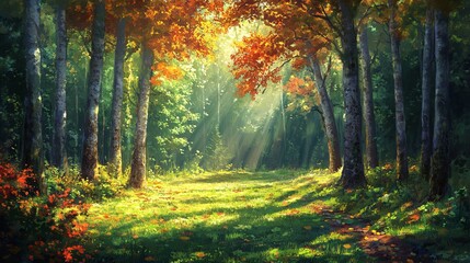 Fototapeta premium Strolling through a forest, I watched the sunlight peek through the trees. The ground was covered in a carpet of green grass and colorful leaves, with tall trees standing all around.