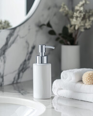 White soap dispenser with towels on marble bathroom sink