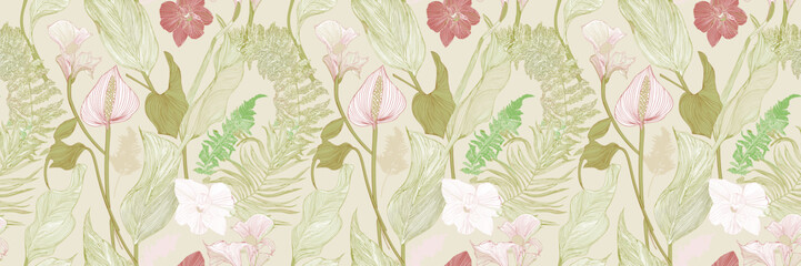 Crafted traditional floral motifs with delicate lace textures, stylized climbing flowers, and baroque accents.