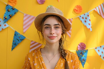 Young woman with flags on yellow background. Festa Junina June Festival celebration