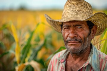 Fototapeta premium Brazilian farmer embodies rural life in vibrant cornfield.