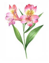 Fototapeta premium Soft pink alstroemeria blossoming against crisp white surface, featuring delicate petals and verdant green foliage in watercolor style
