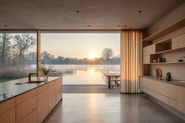 Modern kitchen overlooking serene lakeside sunrise