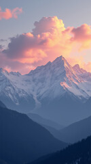The Last Light of Dusk Casts a Soft Golden Glow Over a Snow-Capped Mountain Range