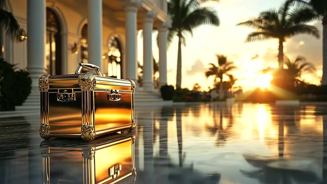 A majestic brass luggage caddy reflects the radiant hues of a summer sunset, positioned prominently at the entrance of a grand luxury resort hotel, its shimmering surface complemen