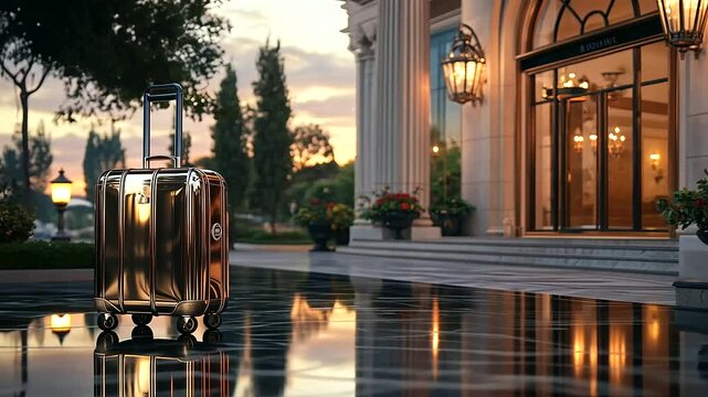 A brass luggage caddy exudes sophistication as it stands at the entrance of a luxury resort hotel, reflecting the amber and crimson hues of a summer sunset, with ornate lanterns an