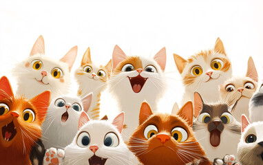 Fototapeta premium Group of Realistic and Cartoon Cats Standing in a Row on a White Background, Cute Feline Illustration with Stylized Expressions