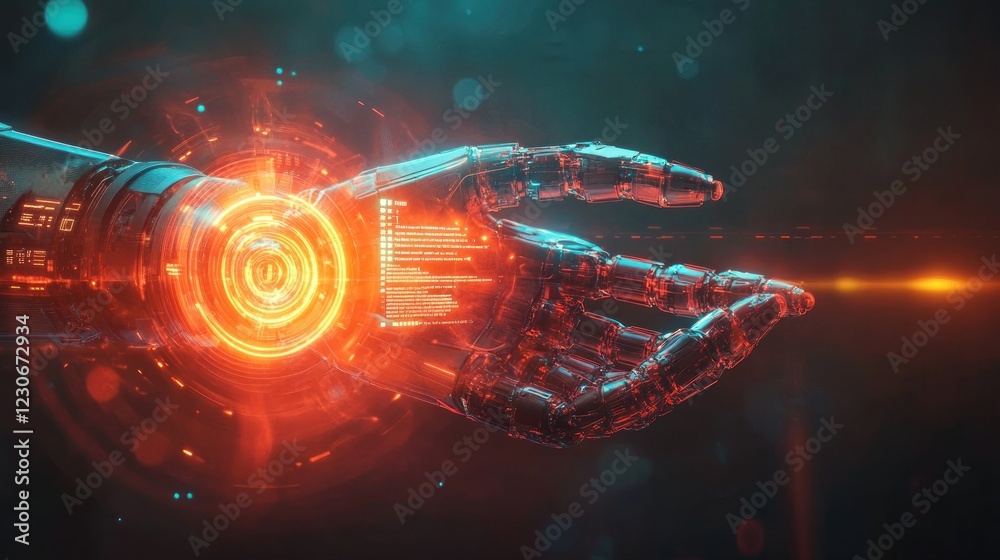 Poster Robotic Hand with Glowing Interface Displaying Data