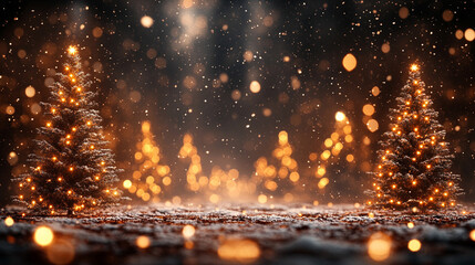 Naklejka premium Snow-covered fir trees in a winter forest at night creating a peaceful serene atmosphere with soft glowing lights in the background minimalistic empty space on the side for text caption