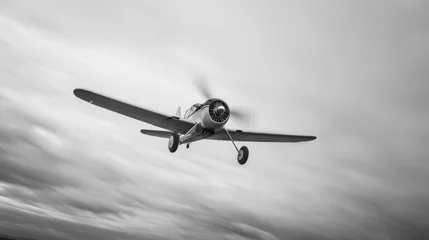 Vintage propeller plane in flight, monochrome.