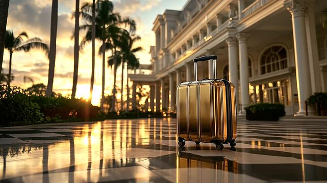 A gleaming brass luggage caddy, polished to perfection, captures the essence of luxury as it stands in the warm embrace of a summer sunset, framed by the grand architecture of a lu