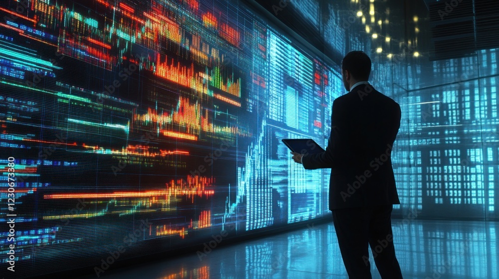 Poster businessman analyzing financial data displayed on a large screen