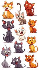Obraz premium Group of Realistic and Cartoon Cats Standing in a Row on a White Background, Cute Feline Illustration with Stylized Expressions