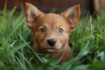 Cute brown puppy hiding in the green grass