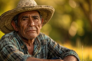 Fototapeta premium lifestyle latino farmer sitting in the field with serious expression